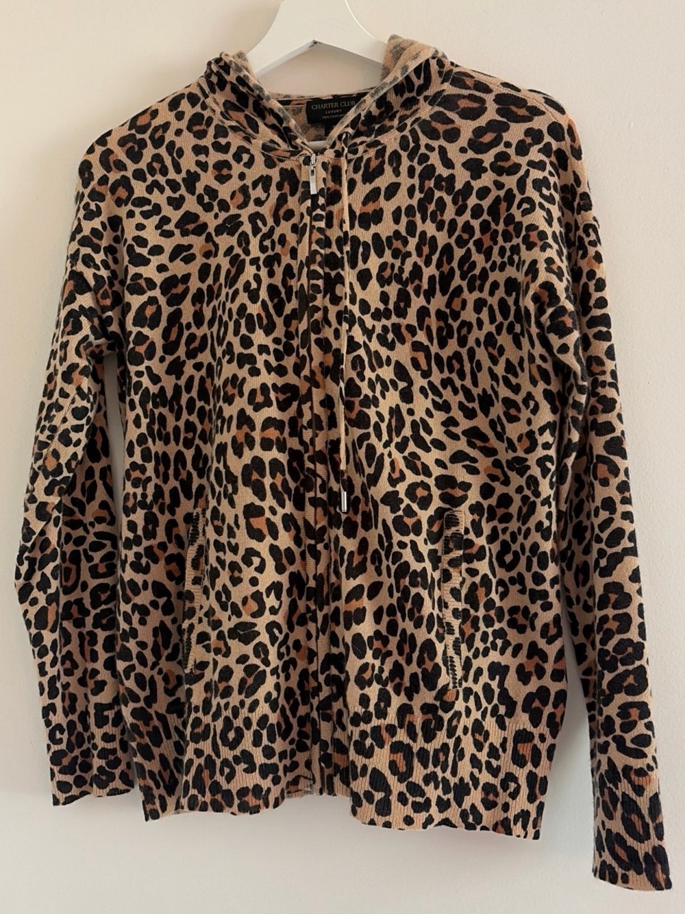 Charter Club Cashmere Leopard Print Zip Hoodie Jacket - Brown/Black Size Small